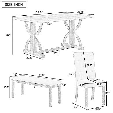 Whisen 6-Piece Retro Dining Table Set with 4 Upholstered Chairs and Bench - Gray Wash