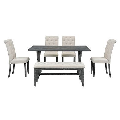 Whisen 6-Piece Retro Dining Table Set with 4 Upholstered Chairs and Bench - Gray Wash