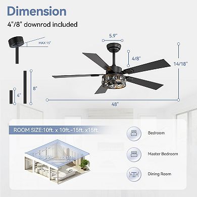 48-Inch Ceiling fan, 5 plywood blades, 6 speeds, DC motor, 4&8" downrods, remote