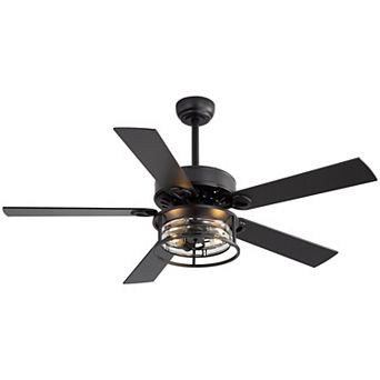 52-Inch ceiling fan, 5 plywood blades, reversible, E26 bulb, remote, 5&10 in downrods