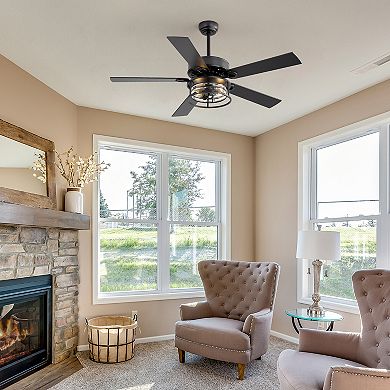 52-Inch ceiling fan, 5 plywood blades, reversible, E26 bulb, remote, 5&10 in downrods