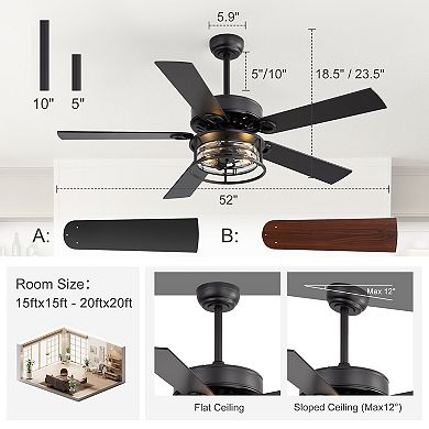 52-Inch ceiling fan, 5 plywood blades, reversible, E26 bulb, remote, 5&10 in downrods