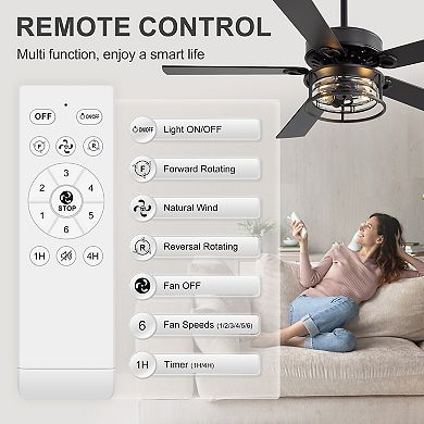 52-Inch ceiling fan, 5 plywood blades, reversible, E26 bulb, remote, 5&10 in downrods