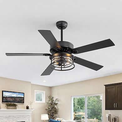 52-Inch ceiling fan, 5 plywood blades, reversible, E26 bulb, remote, 5&10 in downrods