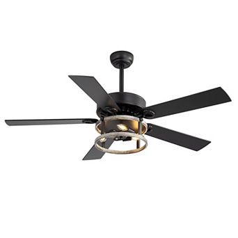52-Inch ceiling fan, remote, 5 plywood blades, DC motor, E12x3 bulbs, 5&10" downrods