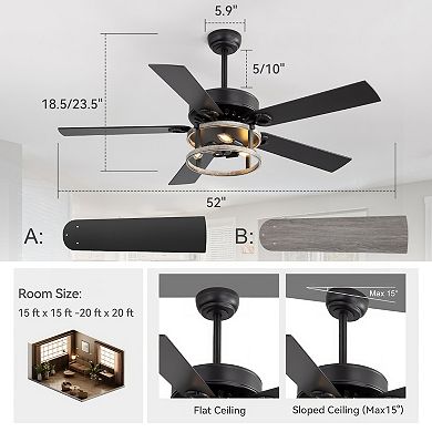 52-Inch ceiling fan, remote, 5 plywood blades, DC motor, E12x3 bulbs, 5&10" downrods