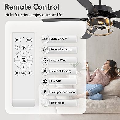 52-Inch ceiling fan, remote, 5 plywood blades, DC motor, E12x3 bulbs, 5&10" downrods