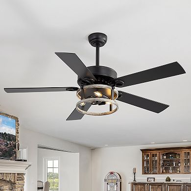 52-Inch ceiling fan, remote, 5 plywood blades, DC motor, E12x3 bulbs, 5&10" downrods