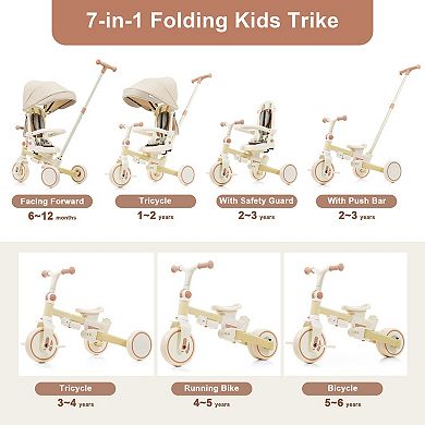 Whisen 7-in-1 Foldable Toddler Tricycle, Toddler Push Bike with Removable Handle