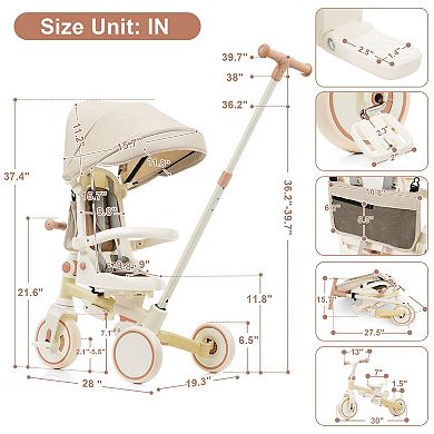 Whisen 7-in-1 Foldable Toddler Tricycle, Toddler Push Bike with Removable Handle