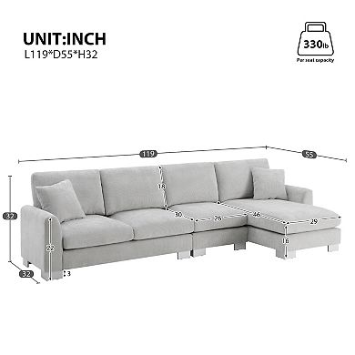 Whisen 5-seat Modern Sectional Sofa, L-shaped Couch Set with Chaise and 2 Pillows - Light Gray