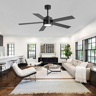 52-Inch LED ceiling fan, 5 plywood blades, DC motor, 6-speed remote, timer, memory