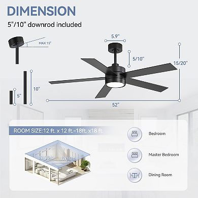 52-Inch LED ceiling fan, 5 plywood blades, DC motor, 6-speed remote, timer, memory
