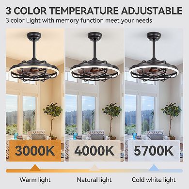 19.7-Inch indoor ceiling cage fan, 3-color light, 5 ABS blades, DC motor, 6/10" downrods