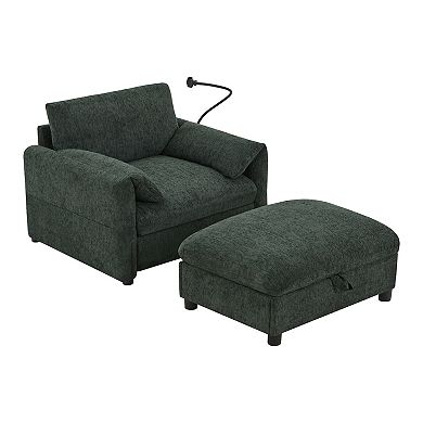 Whisen Single Sofa with Storage Ottoman, Adjustable Phone Holder, Charger, Side Pockets Green
