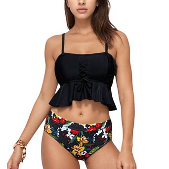 Women's Peplum Lace-Up Tankini Top and High Waist Floral Print Bikini Bottom Two-Piece Swimsuit