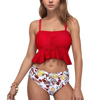 Women's Peplum Lace-Up Tankini Top and High Waist Floral Print Bikini Bottom Two-Piece Swimsuit