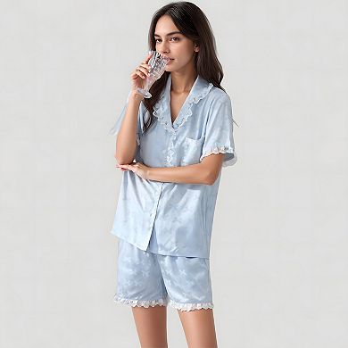 Women's Short Sleeve Satin Pajama Set with Button Down Top Elastic Waist Shorts and Lace Trim Detail