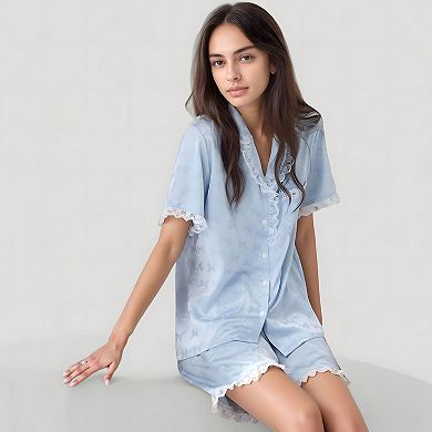 Women's Short Sleeve Satin Pajama Set with Button Down Top Elastic Waist Shorts and Lace Trim Detail