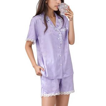 Women's Short Sleeve Satin Pajama Set with Button Down Top Elastic Waist Shorts and Lace Trim Detail