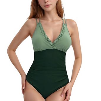 Women's One Piece Swimsuit with Ruffled V-Neckline and Adjustable Spaghetti Straps