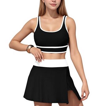 Women's Scoop Neck Bikini Top and High Waist Skirted Swim Bottom Set with Contrast Trim Detail