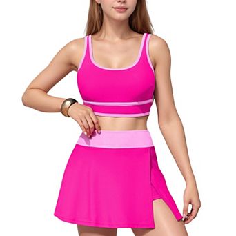 Women's Scoop Neck Bikini Top and High Waist Skirted Swim Bottom Set with Contrast Trim Detail