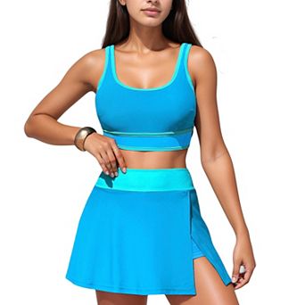 Women's Scoop Neck Bikini Top and High Waist Skirted Swim Bottom Set with Contrast Trim Detail