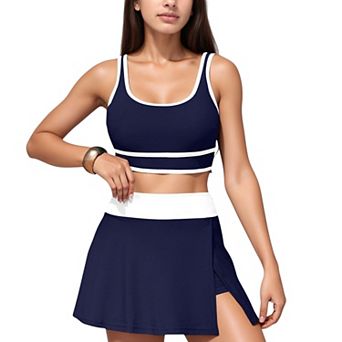 Women's Scoop Neck Bikini Top and High Waist Skirted Swim Bottom Set with Contrast Trim Detail