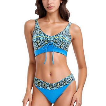 Women's Printed Scoop Neck Bikini Set Drawstring Detail Crop Top and V Cut Hipster Bottoms