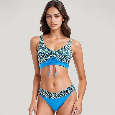 Women's Printed Scoop Neck Bikini Set Drawstring Detail Crop Top and V Cut Hipster Bottoms