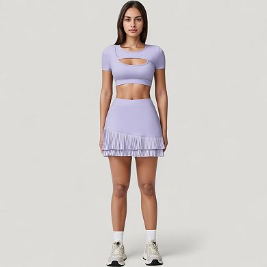 Women's Short Sleeve Cropped Active Top with Keyhole Front Cutout and Built-In Bra