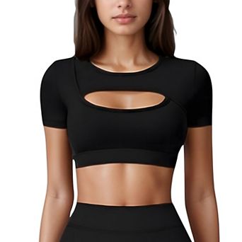 Women's Short Sleeve Cropped Active Top with Keyhole Front Cutout and Built-In Bra