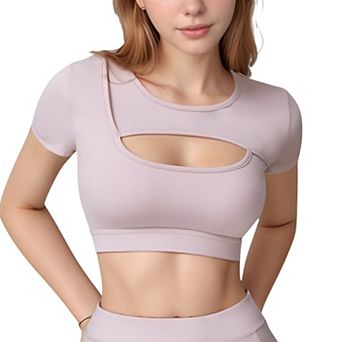 Women's Short Sleeve Cropped Active Top with Keyhole Front Cutout and Built-In Bra