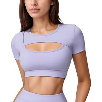 Women's Short Sleeve Cropped Active Top with Keyhole Front Cutout and Built-In Bra