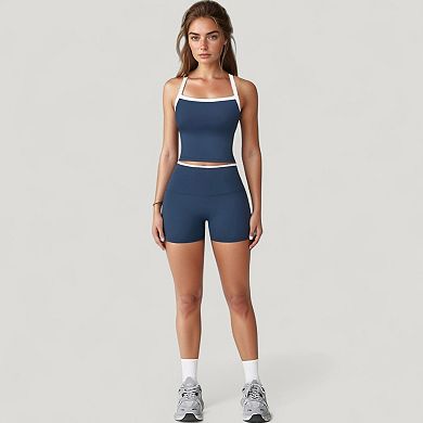 Women's Square Neck Cropped Active Tank with Contrast Trim and Built-In Bra for Light Support