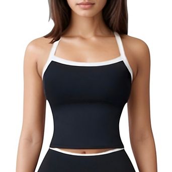 Women's Square Neck Cropped Active Tank with Contrast Trim and Built-In Bra for Light Support