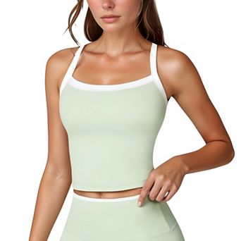 Women's Square Neck Cropped Active Tank with Contrast Trim and Built-In Bra for Light Support