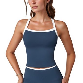 Women's Square Neck Cropped Active Tank with Contrast Trim and Built-In Bra for Light Support
