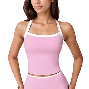 Women's Square Neck Cropped Active Tank with Contrast Trim and Built-In Bra for Light Support