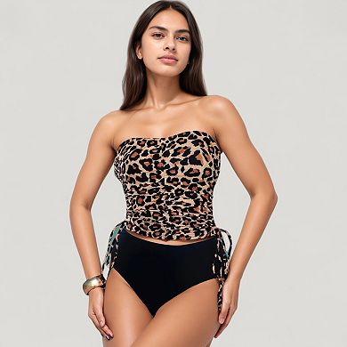 Women's Strapless Leopard Print Ruched Tankini Top and High Waist Bikini Bottom Two-Piece Swimsuit