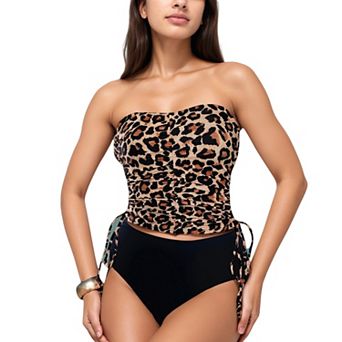Women's Strapless Leopard Print Ruched Tankini Top and High Waist Bikini Bottom Two-Piece Swimsuit