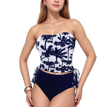 Women's Strapless Leopard Print Ruched Tankini Top and High Waist Bikini Bottom Two-Piece Swimsuit