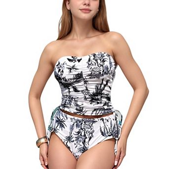 Women's Strapless Leopard Print Ruched Tankini Top and High Waist Bikini Bottom Two-Piece Swimsuit