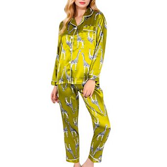 Women's Satin Pajama Set with Giraffe Print and Button-Down Top