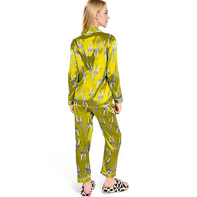Women's Satin Pajama Set with Giraffe Print and Button-Down Top