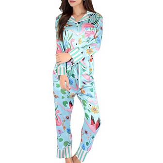 Women's Satin Tropical Flamingo Print Pajama Set with Button-Up Top and Relaxed Fit Pants