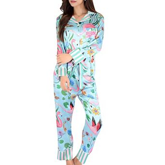Women's Satin Tropical Flamingo Print Pajama Set with Button-Up Top and Relaxed Fit Pants
