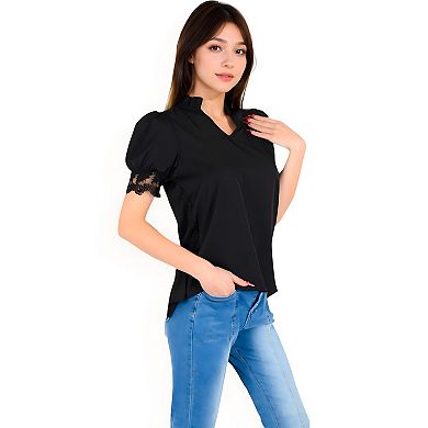 Women's Puff Sleeve Blouse with Delicate Crochet Cuffs and V-Neckline