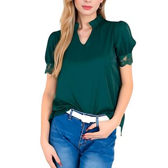 Women's Puff Sleeve Blouse with Delicate Crochet Cuffs and V-Neckline